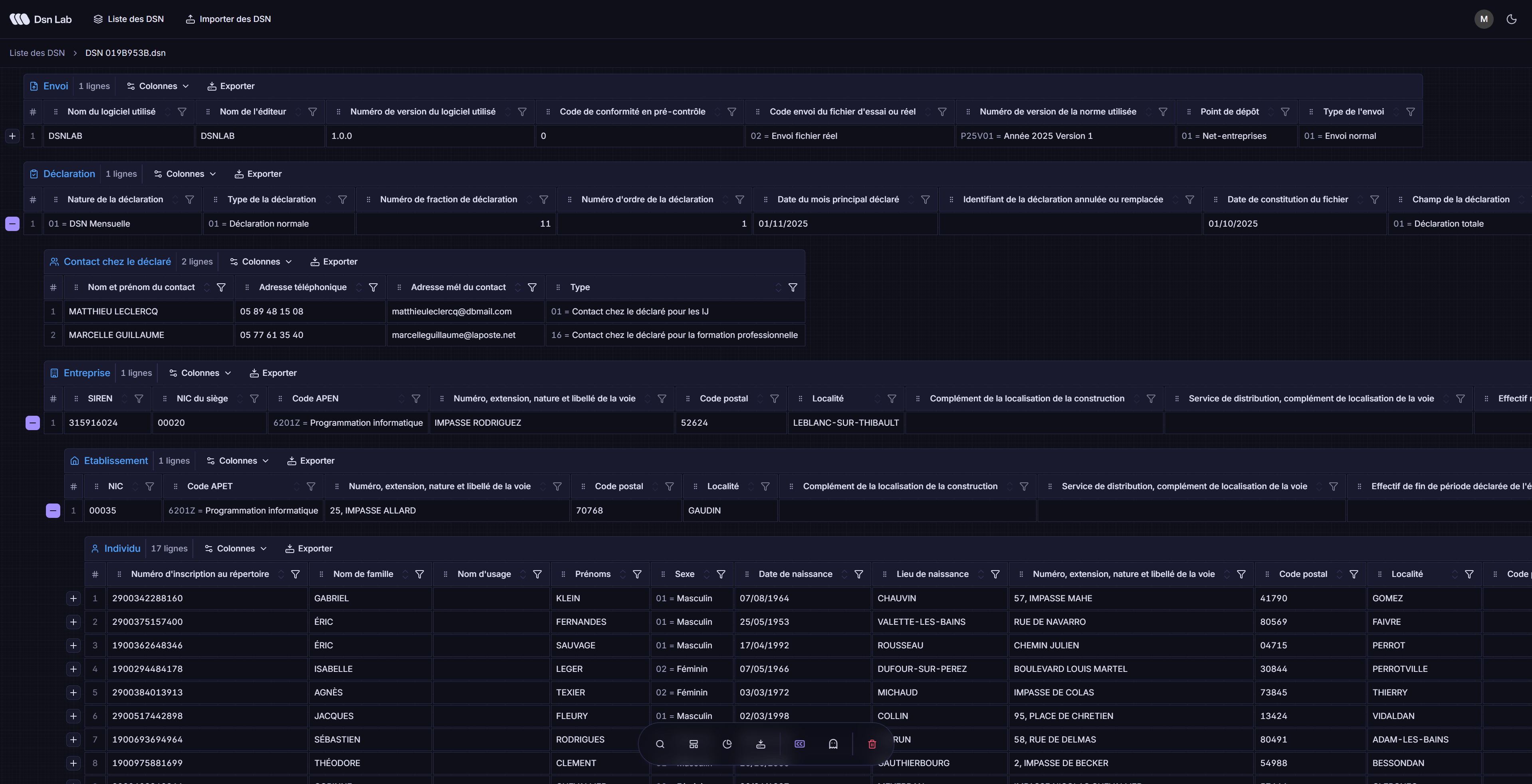Capture d'écran de l'interface Dsn Lab en mode sombre - tableau de bord avec liste des fichiers DSN importés et navigation par blocs