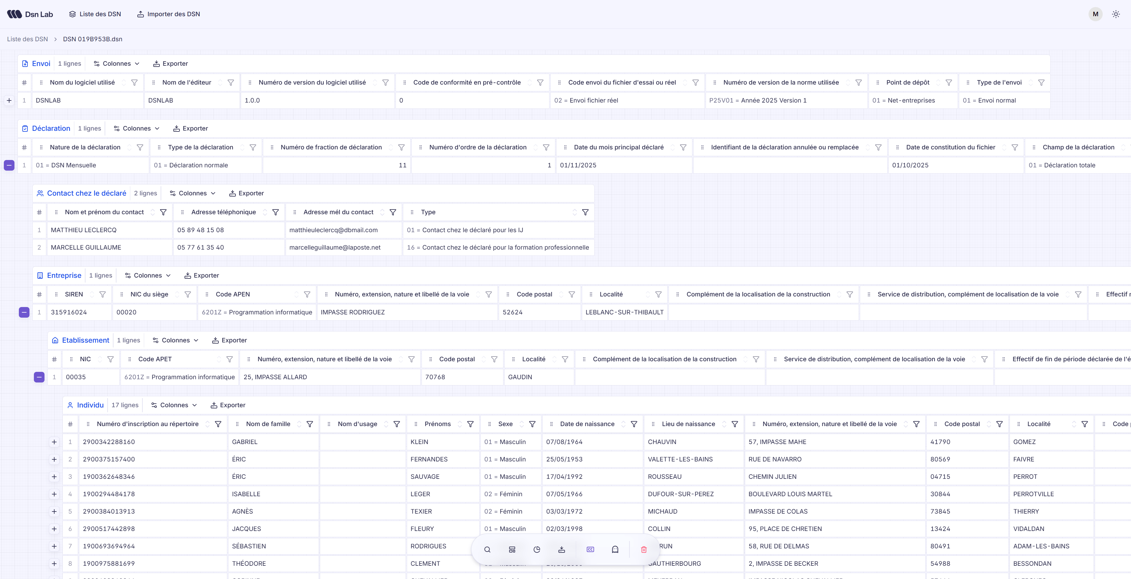 Capture d'écran de l'interface Dsn Lab - tableau de bord avec liste des fichiers DSN importés et navigation par blocs