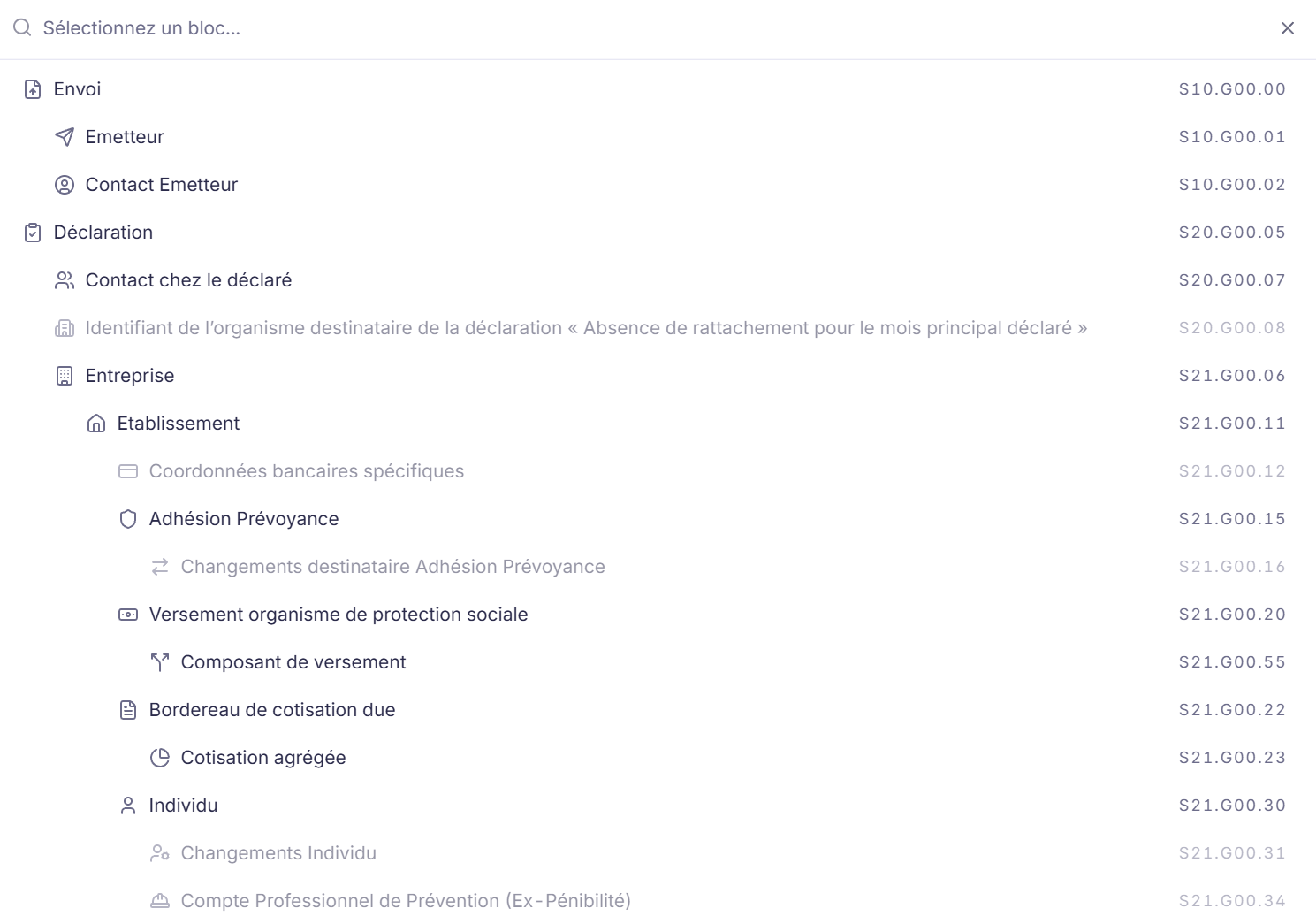 Interface de sélection des blocs DSN dans Dsn Lab - navigation intuitive par blocs